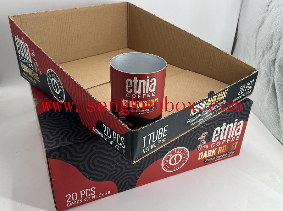 Caixa de papelão ondulado para exibição de latas de grãos de café