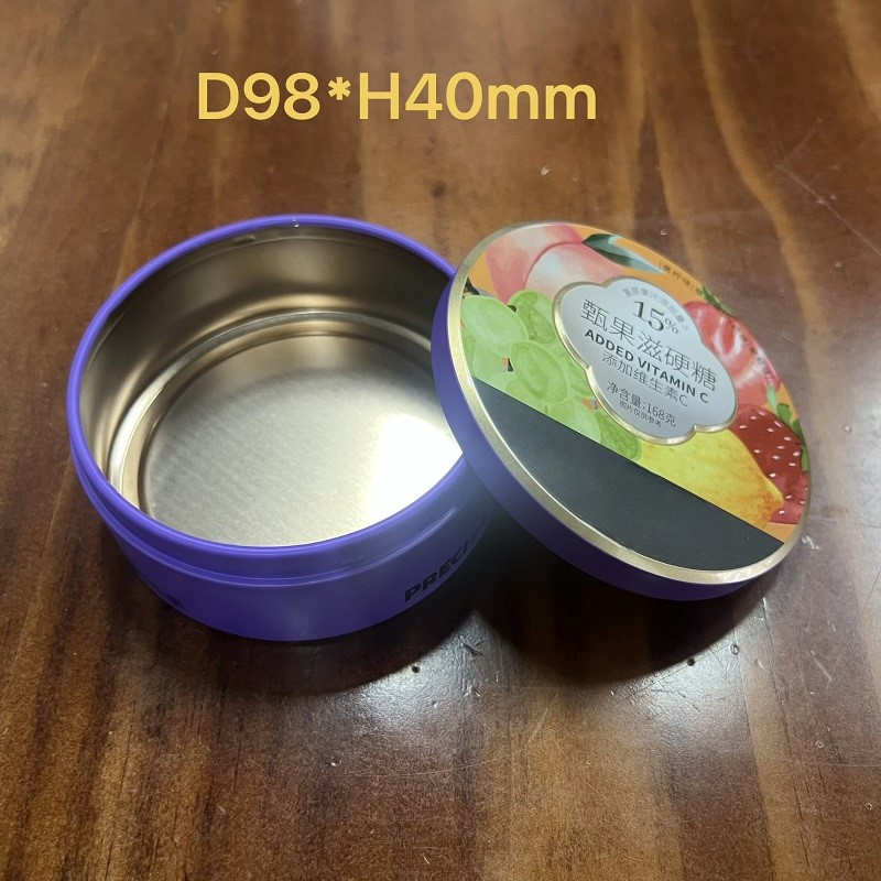 Caixa de lata redonda para doces D98*H40mm Recipiente de metal de folha de flandres de grau alimentício para embalagem de presente de doces duros de vitamina C*